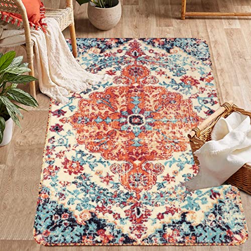 Lahome Bohemian Floral Medallion Area Rug – Bedroom Rug 3×5 Soft Throw Kitchen Entry Foyer Mat, Vintage Non-Slip Washable Low-Pile Bathroom Carpet for Front Door Entrance Laundry Room Bath Office