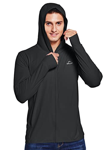 Willit Men’s UPF 50+ Light Jacket Sun Protection Hooded SPF UV Jacket Hiking Fishing Shirt Long Sleeve Full Zip Black L