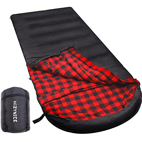 HiZYNICE 0 Degree Sleeping Bag 100% Cotton Flannel for Adults Winter Cold Weather Camping Extra Large Wide XXL,Black Right Zip,90″ x 39″