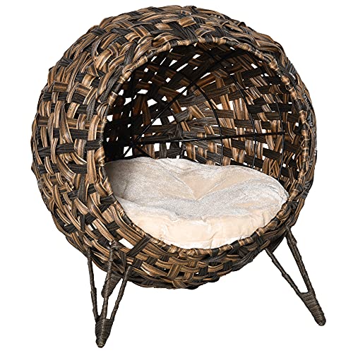 PawHut 20.5″ Rattan Cat Bed, Elevated Wicker Kitten House Round Condo with Cushion, Brown