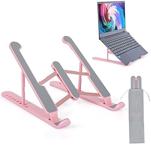 JERX Pink Laptop Stand, 10-45° Adjustable Notebook Riser, Lightweight & Sturdy Holder for Carry-On Travel, Ergonomic Computer Holder Compatible for MacBook Air Pro, HP, Lenovo, Dell 10-15.6”