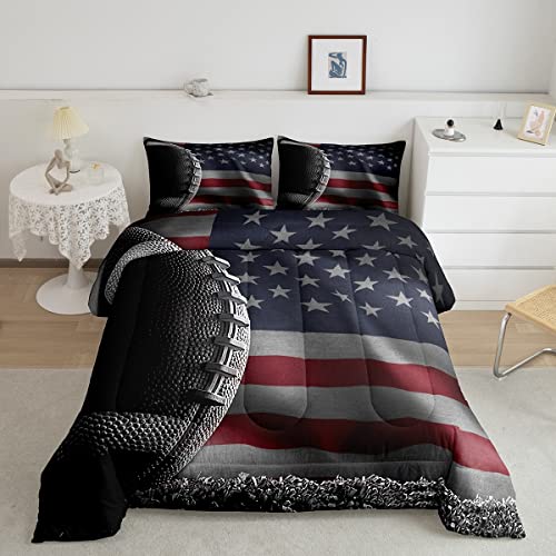 American Football Print Comforter Set Queen Size,American Flag Print Bedding Set Kids Young Man,3D Sports Game Comforter for Teen Child Room Decor,American Culture Quilted Duvet Set with 2 Pillowcase