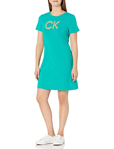 Calvin Klein Women’s Short Sleeve Logo T-Shirt Dress, Jungle, X-Large