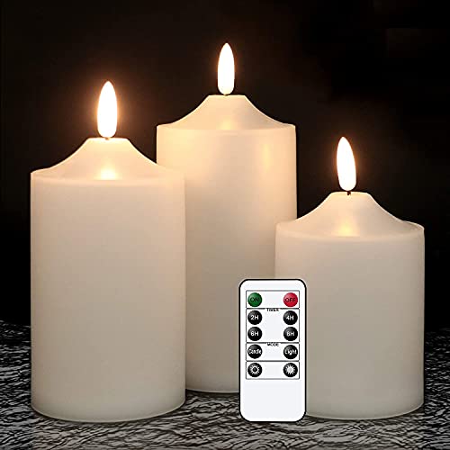 GenSwin Waterproof Flameless Flickering LED Candles with Remote & Timer,Battery Operated Pillar 3D Wick Candles for Indoor Outdoor Lanterns, Won’t melt, Long-Lasting(White, Set of 3)