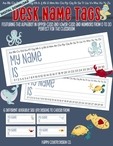 Desk Name Tags | Back to School | Sea Life Edition | Uppercase & Lowercase Alphabet and Number Counting 0-30 | Digital Download