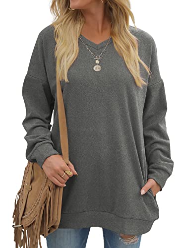 OFEEFAN Clothes for Women V Neck Long Sleeve Pocket Woman Fall Sweatshirts Grey M