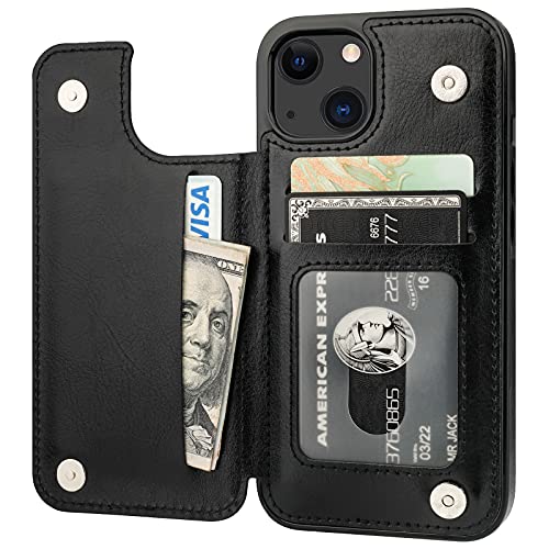 ONETOP Compatible with iPhone 13 Wallet Case with Card Holder, PU Leather Kickstand Card Slots Case, Double Magnetic Clasp Durable Shockproof Cover 6.1 Inch(Black)