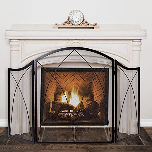 BESHINY Indoor Fireplace Screen 3 Panel Wrought Iron Large Screen Metal Decorative Mesh Cover