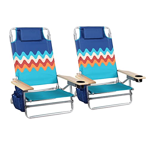 Sophia & William Beach Chairs Folding Lightweight (2-Pack), Portable Camping Chair 5-Position Layflat Portable Arm Chairs with Towel Bar, Supports 250 LBS