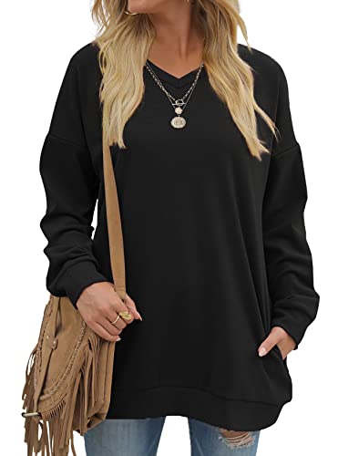 OFEEFAN Tops for Women Long Sleeve V Neck Cute Pockets Sweatshirts Black XL