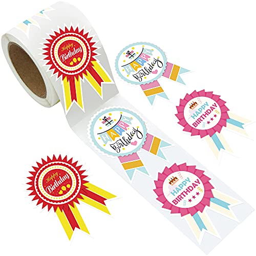 Happy Birthday Stickers for Kids, Waterproof Happy Birthday Badge, Self Adhesive Ribbon Rewards for Kids, Classroom, Teachers, Students, Daycare, Birthday Party Favors, 3 Designs, 3.7 x 2.6 inch