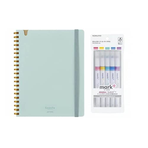 Kokuyo. Soft Ring Notebook Sooofa A5 4mm Grid 80 Sheets Light Blue and Mark⁺ Two Way Color Marker 5-Pack(Pink,Blue,Green,Purple, and Yellow) Set