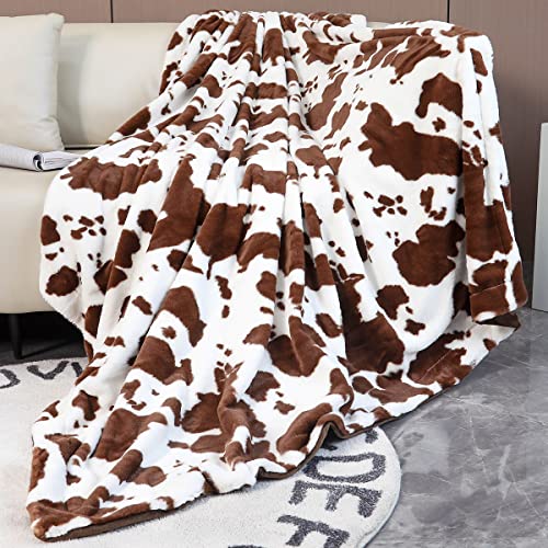 SUCSES Brown Cow Print Blanket Soft Fleece Cozy Cow Blanket for Couch Sofa Bed Fluffy Furry Cow Throw Blanket for Kids Teens Adults, Brown White/63 x79