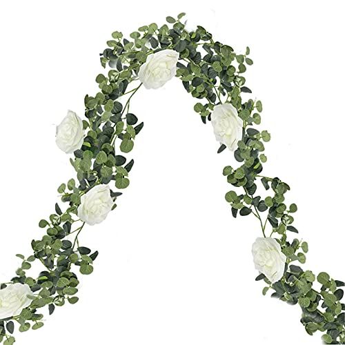 Artificial Eucalyptus Garland Plants with White Roses, 6.5 Ft Faux Hanging Eucalyptus Leaves Greenery Garland for Spring Wedding Arch Backdrop Wall Party Decor