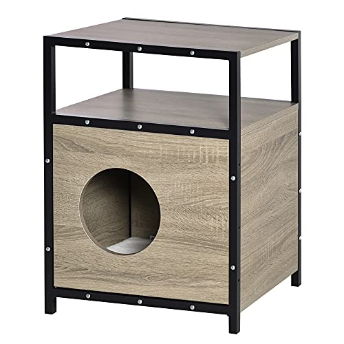 PawHut Wooden Cat House Kitten Condo Shelter Bed w/Soft Cushion Cat Litter Box Enclosure End Table Hideaway Cabinet Storage, Grey
