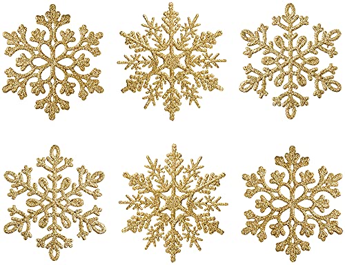 XmasExp 150mm/6inch Large Glitter Snowflake Ornaments Set Christmas Tree Hanging Plastic Decoration for Xmas Party Wedding Anniversary Window Door Home Accessories (24pcs,Gold)