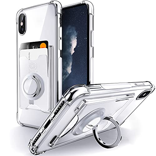 Shields Up Designed for iPhone X Case, iPhone Xs Case, Minimalist Wallet Case with Card Holder and Ring Kickstand/Stand, [Drop Protection] Slim Protective Cover Apple iPhone X/Xs – Clear