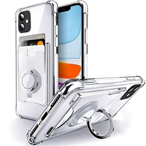 Shields Up Designed for iPhone 11 Case, Minimalist Wallet Case with Card Holder [3 Cards] & Ring Kickstand/Stand, [Drop Protection] Slim Protective Cover for Apple iPhone 11 (6.1 inch) – Clear