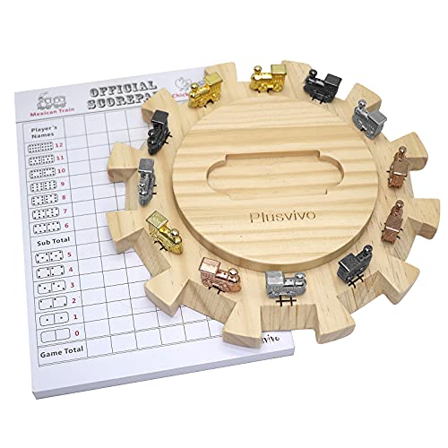 Plusvivo Mexican Train Dominoes Accessories Set-Including a 7.89-Inch Wooden Mexican Train Hub up to 12 Players, 12 Metal Train Markers, and a 70-Sheet Mexican Train Score Pads