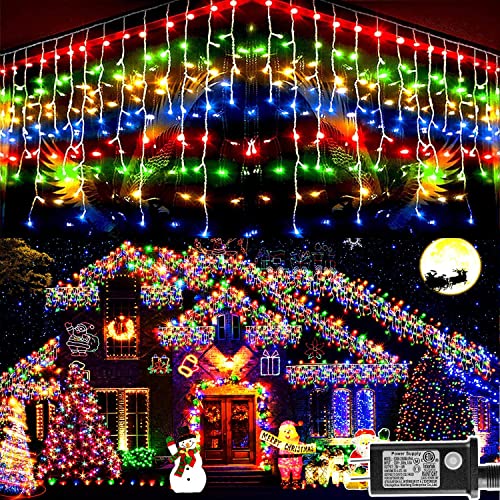 KNONEW Christmas Lights Outdoor 1216 LED 99ft 8 Modes Curtain Fairy String Light with 228 Drops, Clear Wire LED String Light Decor for Wedding Party Christmas Decorations Multicolor