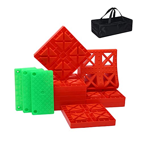 GarfatolRv Rv Leveling Blocks,Trailer Leveling Blocks for Heavy Duty Include Camper Leveling Blocks 9 Packs,One Top Wheels Chock and Green Ramp 3 Packs with Bag -Red