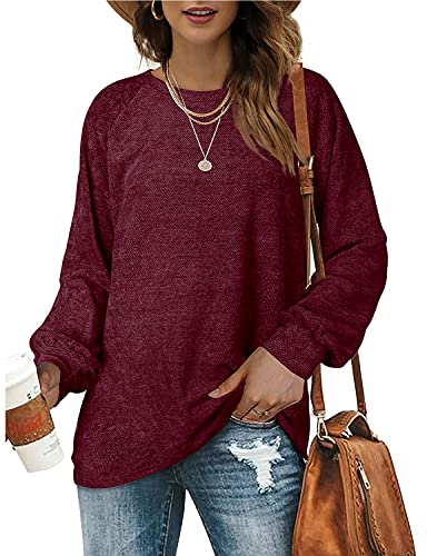 Oversized Pullover Sweaters for Women Crewneck Long Sleeve Cute Tops Wine Red XXL