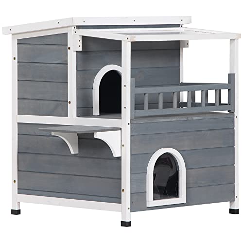 PawHut 2-Story Wooden Cat House Feral Cat Shelter with Transparent PVC Canopy, Balcony, Escape Door and Openable Weatherproof Roof for Outdoor, Grey