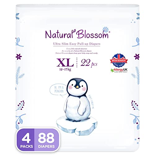 Natural Blossom Easy Pull-up Diaper Pants | Size (5) 3T-4T (26-37 lbs) | 88 Count (22ea*4packs) | Vegan – Super Soft – Hypoallergenic – Ultra-Slim