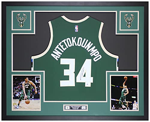 Giannis Antetokounmpo Autographed Green Milwaukee Bucks Jersey – Beautifully Matted and Framed – Hand Signed By Giannis and Certified Authentic by Beckett – Includes Certificate of Authenticity