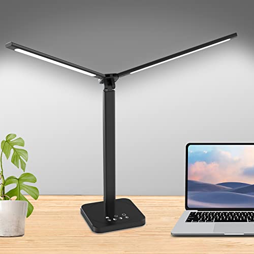 Mostorlit Double Head Led Desk Lamp, Eye Caring Double Swing Arm Table Lamps, USB Powered Reading Light, Lamp with 5 Steps Dimming and 5 Colors for Home, Office, Bedroom, Dormitory / Black