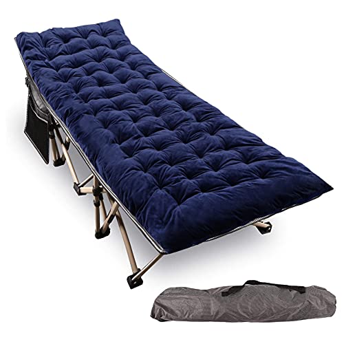 REDCAMP Folding Camping Cots for Adults with Mattress Pad, Soft and Comfortable for Outdoor Indoor Office Sleeping (Blue Thicker Pad, Grey Heavy Duty Cot)