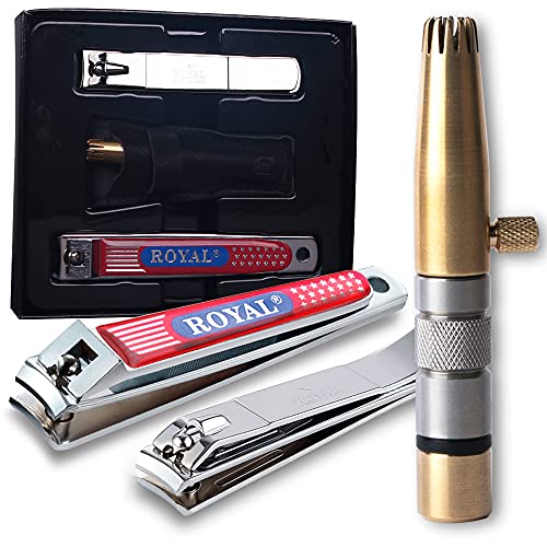 ROYAL [Made in Korea] NO Battery,,3 Pcs Nose Hair Trimmer Set,Value Pack(Nose Hair Trimmer with 2 Nail Clippers) The Best Gift for Family, (Black&Brass)