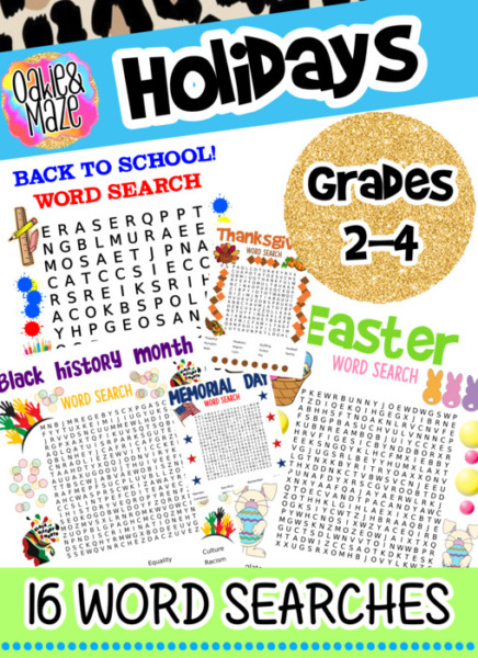 Colorful Holiday word search 16 puzzles activities