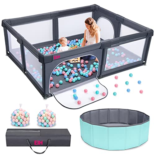 EIH Large Baby Playpen with Ocean Ball Pit & 100PCS Balls Play Yard for Babies and Toddlers Indoor and Outdoor Kids Activity Center 79 Inch x 59 Inch, Dark Grey