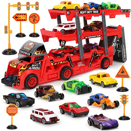 Aoskie Transport Carrier Truck Car Toy with Mini Cars and Road Signs, Hauler Launch Vehicles Play Set Gifts Games for Kids Ages 3-5 Years Old