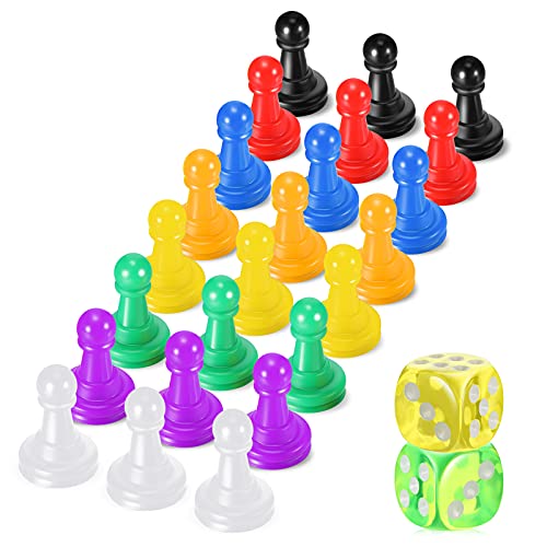 Multicolor Board Game Pieces Include 24 Multicolor Plastic Pawn Chess Pieces and 2 Plastic 6-Sided Game Dices, Chess Game Pieces Game Dice Set for Board Game Components Table Marking (26 Pieces)