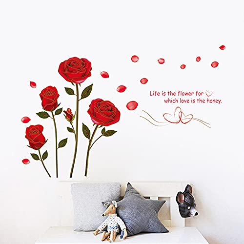 Flowers Rose Wall Stickers, Removable Romantic Wall Stickers Murals, Beautiful Red Rose Wall Decals for Living Room Bedroom TV Background Kids Girls Rooms Decoration (48 x 30inch)