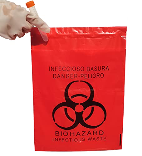 Seadasyoon 100pcs 9x13in/23x33cm Stick-On Biohazard Infectious Red Waste Bags