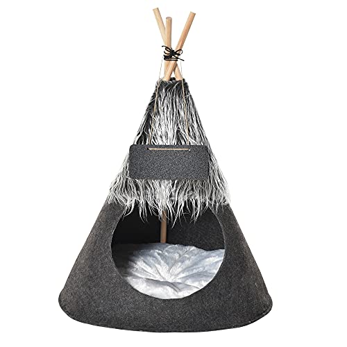 PawHut Pet Teepee Tent Cat Bed Dog House with Thick Cushion Chalkboard for Kitten and Puppy up to 13lbs 28inch Grey
