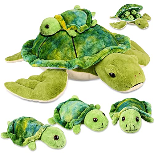 5 Pieces Plush Turtle Set 12 Inch Stuffed Sea Turtle Mom with 4 Little Plush Turtles Soft Plush Stuffed Animal Toys Tortoise Hugging for Birthday Party Favors Easter, Christmas (Cute Style)
