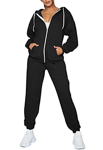 TOLENY Women Tracksuit Outfits Full Zipper Up Hooded Sweat Suit Athletic Two Piece Track Suit Sets Black L