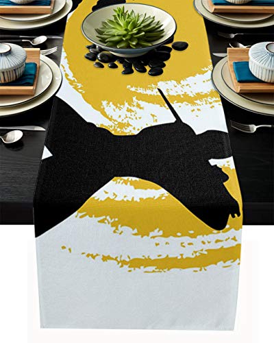 Linen Burlap Dining Table Runner Dresser Scarves Ninja Samurai Fighting Ink Painting Oriental Art Table Runners for Family, Farm, Party, Table Decor-