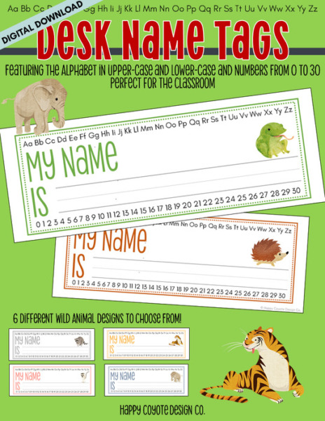 Desk Name Tags | Back to School | Wild Animal Edition | Uppercase & Lowercase Alphabet and Number Counting 0-30 | Digital Download