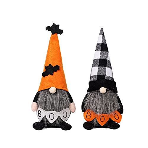 2 Pieces Halloween Plush Gnome, Fall Halloween Boo Gnome Orange Black and White Checkered Hat, Standing Swedish Gnome, Handmade Plush Doll Tabletop Figurines for Home Decor