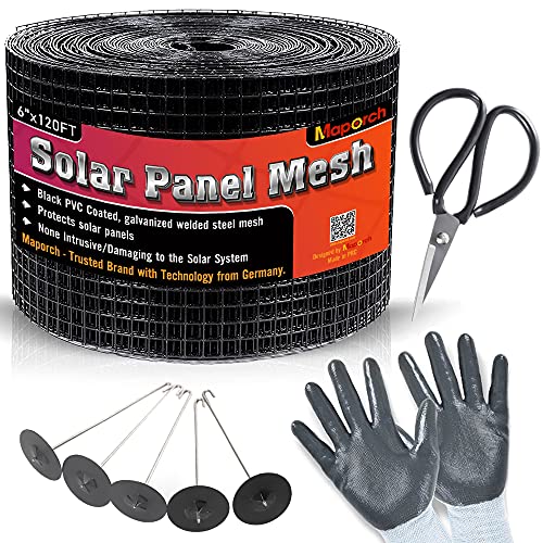 MAPORCH 6″x120FT Solar Mesh Screen for Bird Proofing Solar Panels, Solar Panel Bird Guard & Black PVC Coated Galvanized Steel with 60 Fastener Solar Panel Clips, Cutting Scissor & Gloves Included