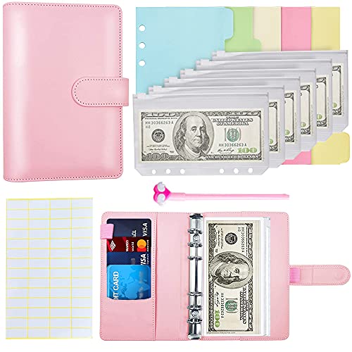 Budget Binder With Zipper Envelopes, A6 Pockets Planner Cash Envelopes for Budgeting Transparent Binding Bag, Money Book Organizer for Cash, Binder Zipper Folder Notebook Ledger for Personal (Pink)