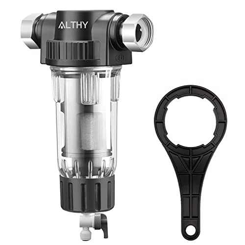 ALTHY Spin Down Sediment Filter, Reusable Whole House Sediment Water Filter, Flushable Prefilter Pre-Filtration System, 3/4″FNPT + 1/2″FNPT, 40-Micron Stainless Steel Mesh, Traps Rust, Dust, Sand