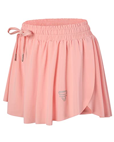 Wsirmet Women’s 2-in-1 Double Layer Running Yoga Shorts Quick-Dry Drawstring Waist Flowy Hem Fitness Workout Athletic Shorts Pink