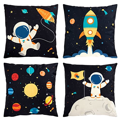 Juvale 4 Pack Spaceship Decorative Kids Throw Pillow Covers, 4 Designs, Astronaut, Rocket Ship, Galaxy Theme (18 x 18 in)