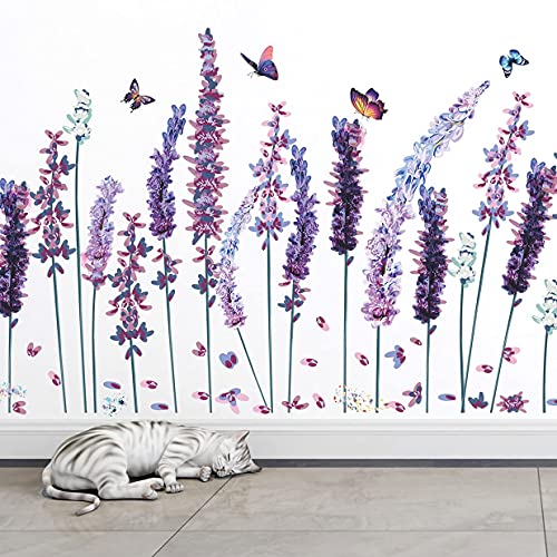 RW-1028 3D Flowers Wall Decals Purple Lavender Wall Stickers Flower Plant Butterfly Decoration DIY Removable Garden Lavender Floral Wall Art Decor for Kids Girls Bedroom Living Room Nursery Office